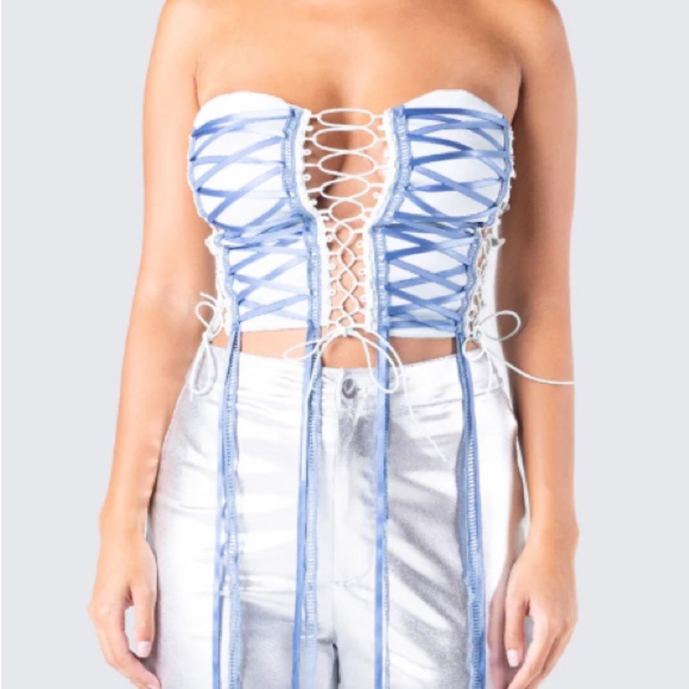Blue and White Lace-Up Bustier Top
